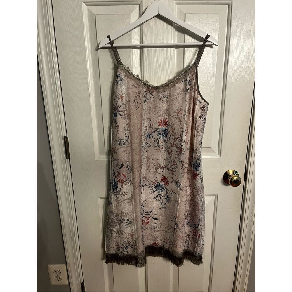 T Tagari Floral & Lace Fringe Trimmed Boho Festival Slip Dress sz M EUC